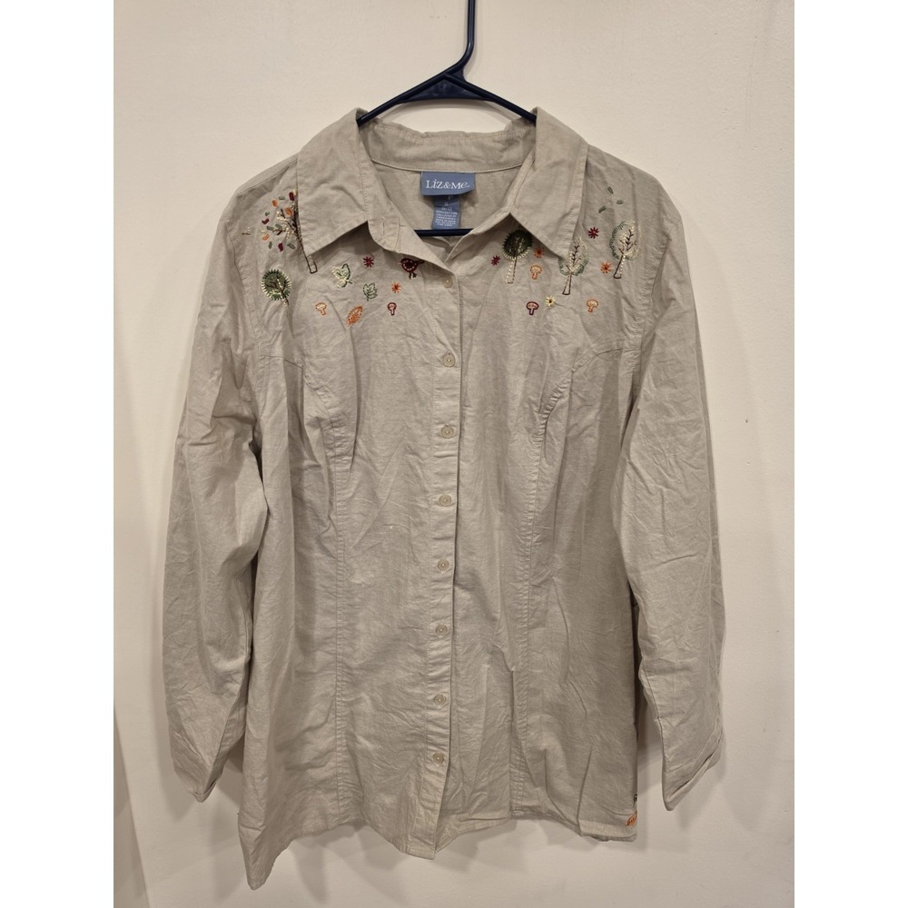 Vintage Woodland Embroidered‎ Button Up Shirt 1X Cotton Cottagecore Mushrooms